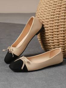 Women's Fashionable Square Toe Low Vamp Beige Bowknot Flat Shoes, Perfect For Outdoor Activities And Casual Wear In Black & White Or Khaki Valentines