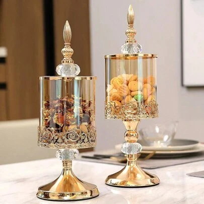 [Chrismas Room Decor]1pc Vintage Glass Storage Jar With Lid - European Chic Candy Jar For Living Room Decor, Coffee Table Accent & Desktop Showcase, Aesthetic Home Accent For Sweet Treats Cake Stand