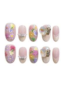 YADORNOS 10 peças Unhas Falsas Curtas Oval Francês Decoradas com Pérolas Borboletas e Flores Pintadas a Mão, Decoração Feita à Mão para a Primavera e Verão, Unhas Falsas de Cobertura Total com Cola Jelly e Lixa de Unha, Suprimentos de Arte de Unhas DIY para Meninas (Cores e Padrões de Flores Aleatórios)