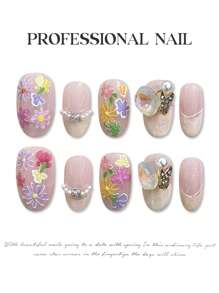 YADORNOS 10 peças Unhas Falsas Curtas Oval Francês Decoradas com Pérolas Borboletas e Flores Pintadas a Mão, Decoração Feita à Mão para a Primavera e Verão, Unhas Falsas de Cobertura Total com Cola Jelly e Lixa de Unha, Suprimentos de Arte de Unhas DIY para Meninas (Cores e Padrões de Flores Aleatórios)