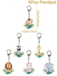 6 piezas Llaveros con estampado de animales de la jungla, suministros de decoración para fiesta de cumpleaños, fiesta familiar y festividades, llaveros de león, jirafa y elefante, colgantes de regalo para fiesta de cumpleaños "Wild One", decoración de fiesta - Multicolor - Ver 3