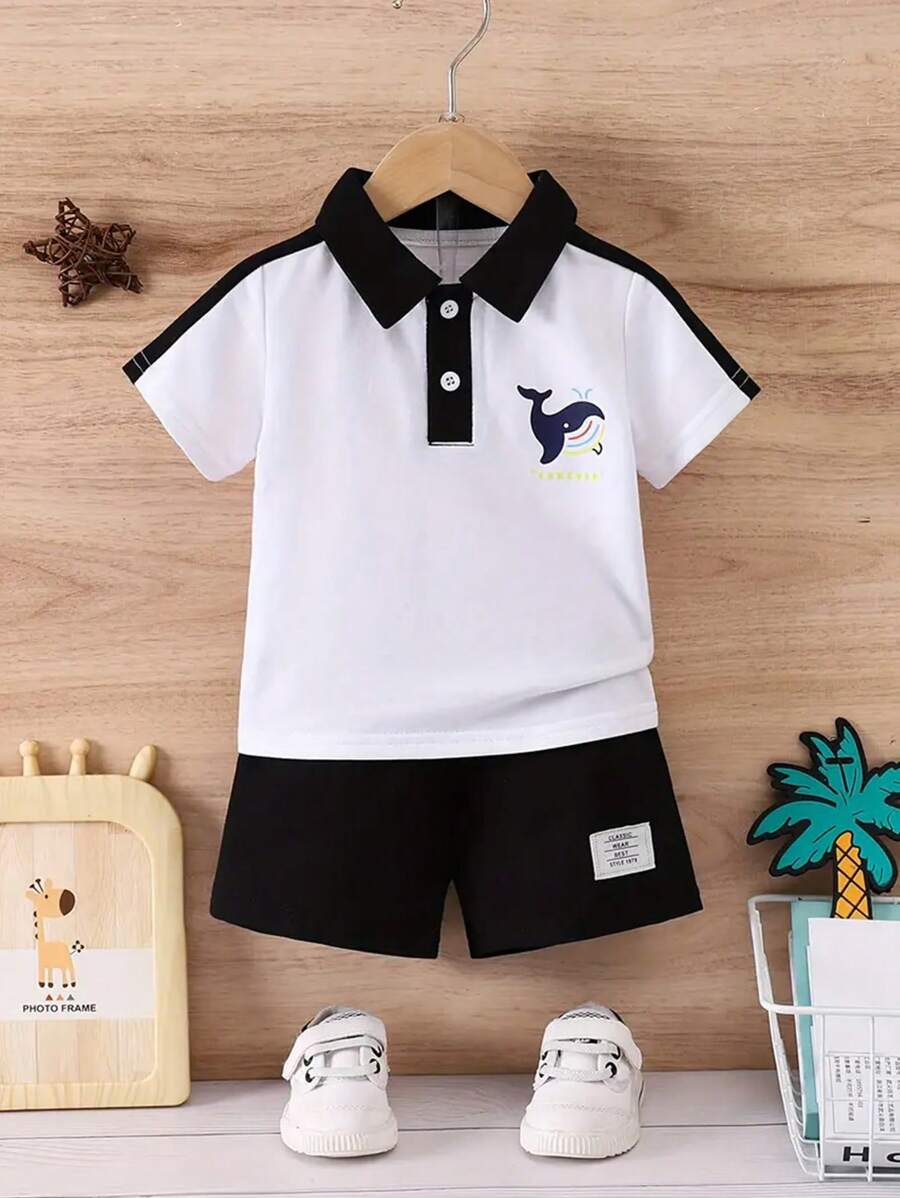Young Boy Summer New Arrival College Style Printed Short Sleeve Two-Piece Set