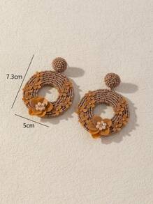 1pair Glitter Flower And Rice Bead Dangle Earrings