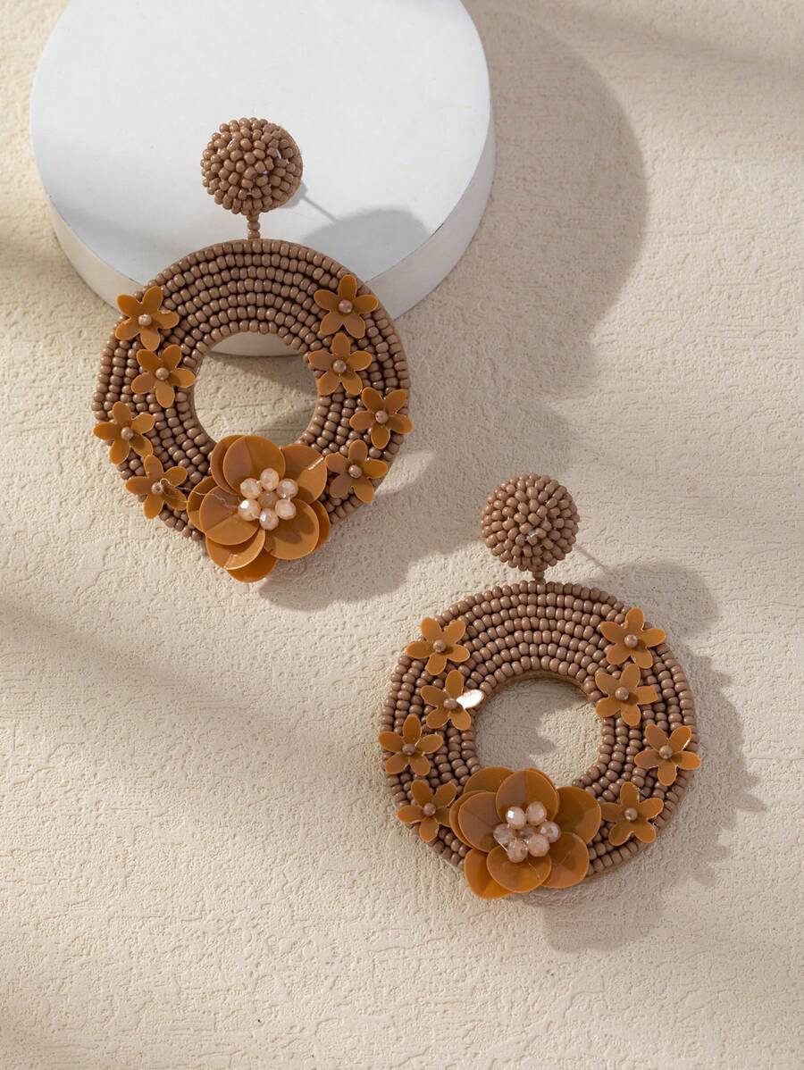 1pair Glitter Flower And Rice Bead Dangle Earrings