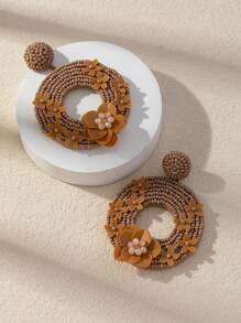 1pair Glitter Flower And Rice Bead Dangle Earrings
