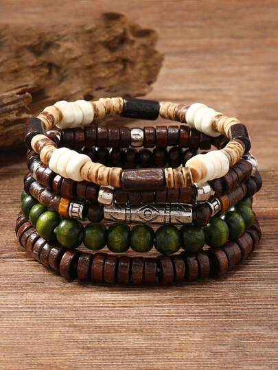 5pcs/Set Unisex Wooden Beaded Bracelets, Fashionable Jewelry Gift Set