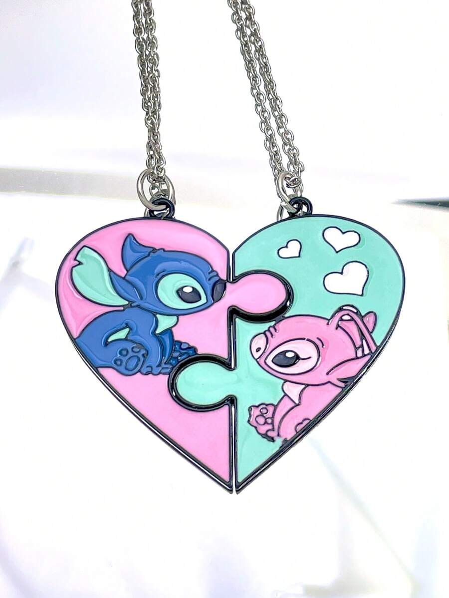 2Pcs Stitch & Angel Pendant Necklaces For Women Men Cute Sweet Puzzle Heart Necklaces Collar Accessories Jewelry Gifts - XL0322 - View 1