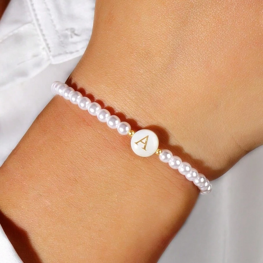 波希米亞風手工編織字母珠寶，假珍珠彈性鏈女士時尚飾品，夏季流行款 - ZZ-B23120921-F - 查看 1