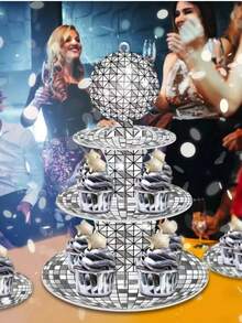 3 Tier Disco Music Party Cake Display Stand With Silver Spotlight, Club Cupcake Tower For Birthday Party, Dessert Decorative Rack - Silver - View 5