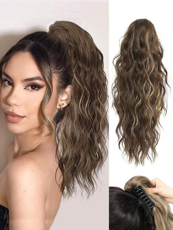 Extensión de cola de caballo de clip de garra de 18 pulgadas ondulada y rizada, extensión de cola de caballo con clip de garra natural sintética para mujeres, caliente para el verano (marrón con reflejos rubios sucios)