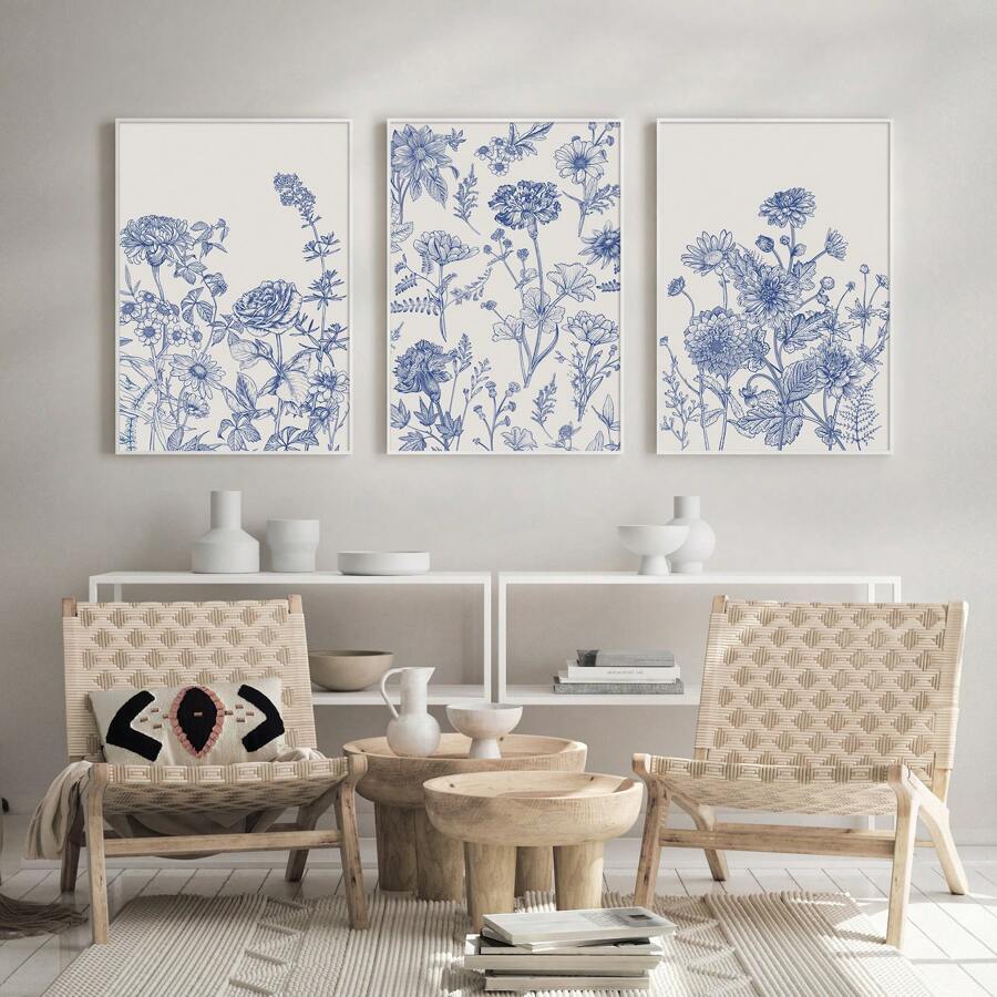 1/3 件蓝色植物印花帆布画简约中国风墙壁艺术复古美学现代客厅卧室办公室酒店餐厅装饰无框 - 彩色 - 查看 1