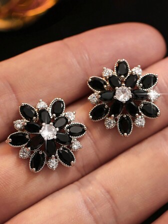 1 Pair Flower Cubic Zirconia Stud Earrings Women For Engagement Wedding Party Female Ear Fashion Jewelry