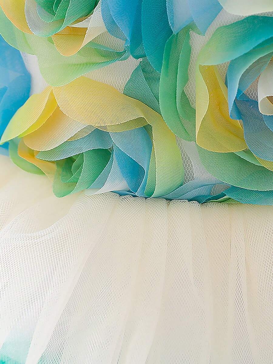 Young Girl Elegant Multicolor Layered Mesh Princess Dress With Flower