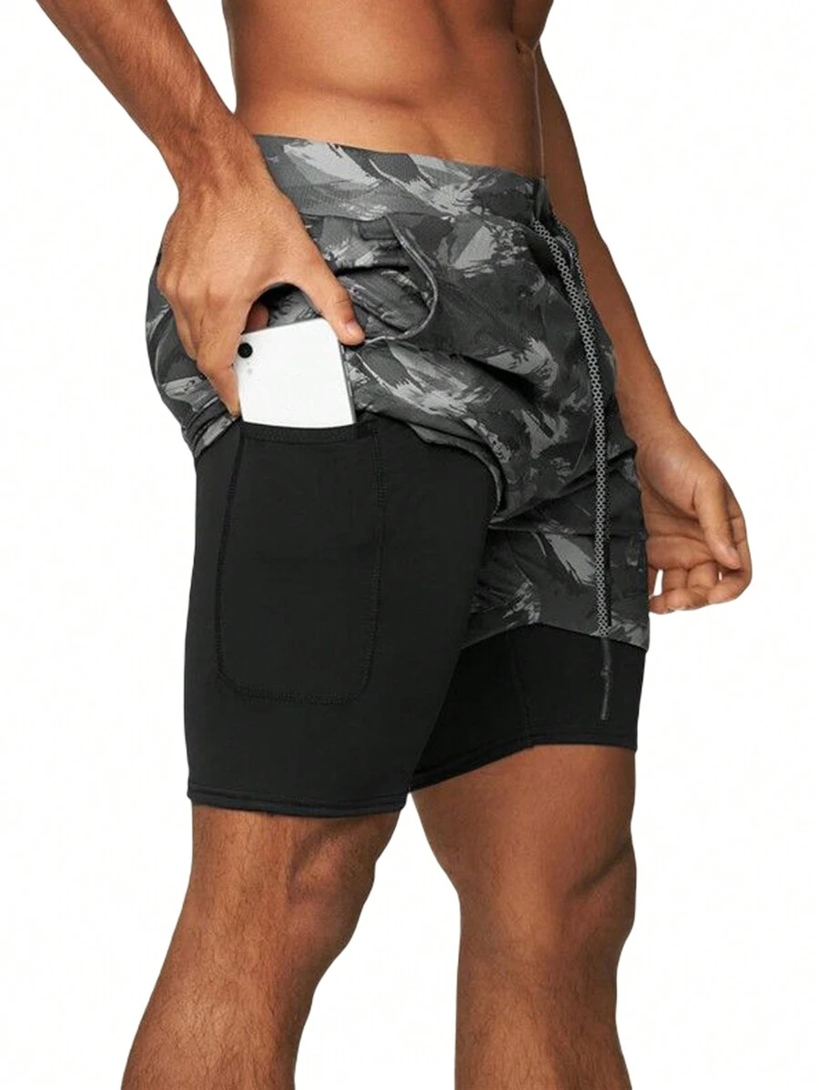 Pantalones Cortos Deportivos Transpirable Short Correr Gimnasio Casuales 2 en 1, Pantalones cortos deportivos Transpirable de camuflaje para hombre, de secado rápido, para entrenamiento, gimnasio, Fitness, Jogging - Gris - Ver 1