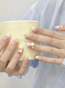 YADORNOS 10 peças Unhas Falsas Curtas Oval Francês Decoradas com Pérolas Borboletas e Flores Pintadas a Mão, Decoração Feita à Mão para a Primavera e Verão, Unhas Falsas de Cobertura Total com Cola Jelly e Lixa de Unha, Suprimentos de Arte de Unhas DIY para Meninas (Cores e Padrões de Flores Aleatórios)