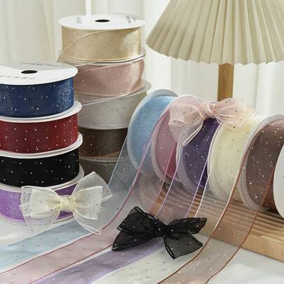 1 Roll, 2.5cm*10 Yards, Rhinestone Tulle Ribbon DIY Bow, Gift Wrapping Ribbon For Valentine's Day, Wedding, Party, Christmas Decoration, Cake Baking, Floral Bouquet, Crafts, Hair Accessories