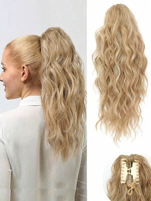 18 Inch Claw Clip Ponytail Extension Wavy Curly Claw Clip In Ponytail Hair Extensions Natural Fake Ponytail Synthetic Hairpiece For Women (Golden Blonde With Highlights)