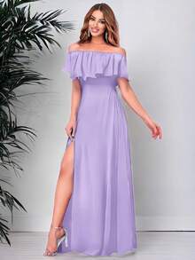 Vestido Elegante De Hombros Descubiertos Con Abertura Para Mujer, campesino - Lila Púrpura - Ver 2