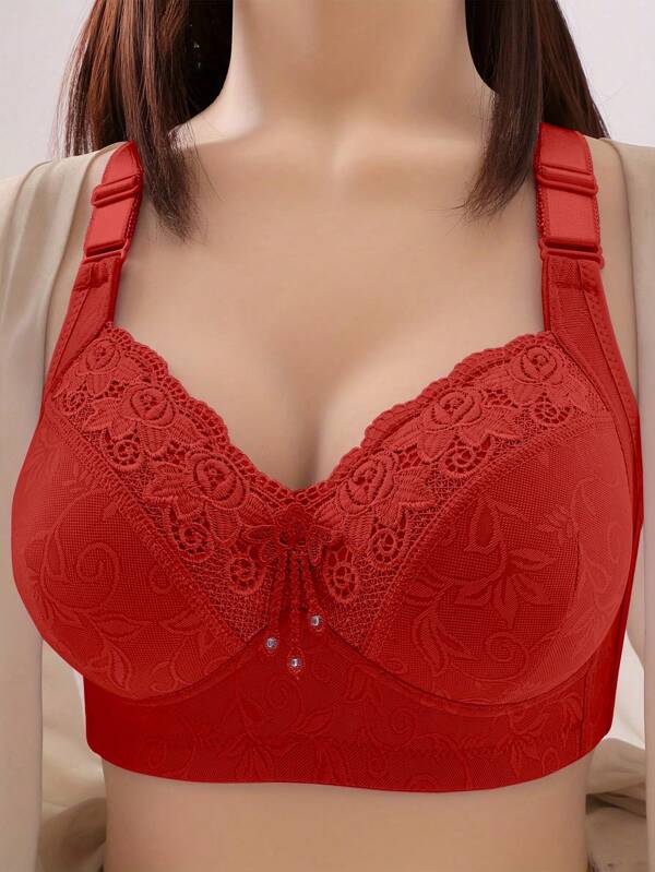 1pc Red Padded Comfort Bra For Women, Luxury Wireless Lace Floral Plunge Bra With Back Smoothing