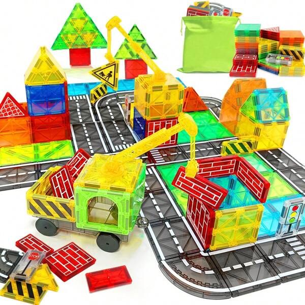 Magnetic Blocks Road Set With Magnet Crane Car Toys, Construction Toys For Kids , Creative Magnetic Building Blocks Toddler Toys, Gifts For Boys & Girls,Accessories Random Color