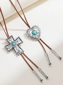 1pc Vintage Turquoise Cross Necklace, European And American Style, Fashion Leather Cord, Non-Fading, Retro Heart Sweater Chain, Gift For Men, Women, Couples - Multicolor - View 5