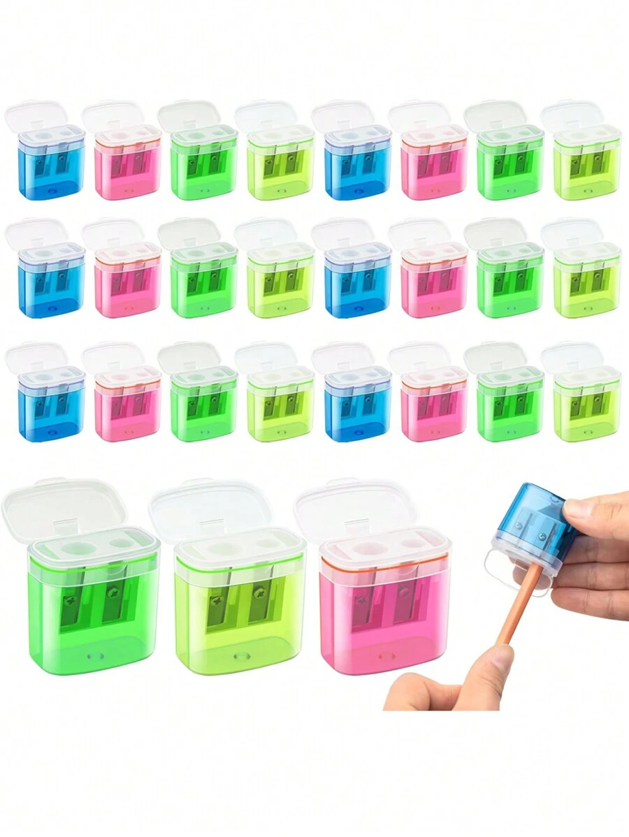 4pcs/8pcs/12pcs/24pcs Double Holes Manual Pencil Sharpener, With Cover, Portable Stationery For Office And School, 4-Color Set Back To School - Multicolor - View 1
