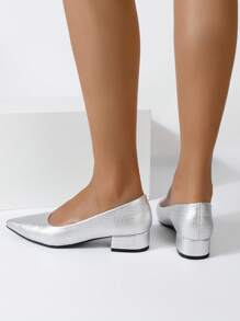 New Spring/Autumn Silver Crocodile Pattern Chunky Heel Women's Shoes With Low Vamp Pointed Toe, Simple And Comfortable For Commuting - Silver - View 4