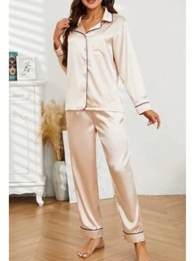 2 Piezas Conjuntos de Pijamas para Mujer de Satén de Seda y Pantalones de Mujer, Pijama de Dos Piezas Pijama con Botones, pijamas de mujer, pijama dama seda, pijamas para pareja, pijama de seda mujer, pijamas familiares, pijamas en satin, pijamas completas - Champán - Ver 2