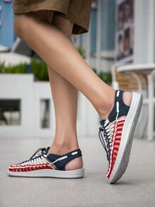 男士手工编织透气凉鞋，户外休闲双向一脚蹬镂空设计，适合情侣 - 灰藍 - 查看 7