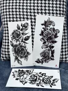 3pcs Sexy Flower Temporary Tattoo Stickers For Women Body Art, Realistic Black Rose Design Waterproof Tattoo For Arm/Leg