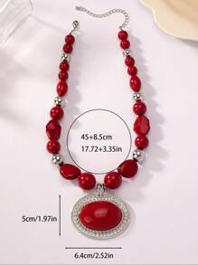 1 pieza Collar con cadena de metal con colgante ovalado rojo grande y retrô bohemio con cuentas