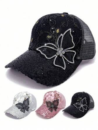 1pc Simple Breathable Women's Rhinestone Butterfly Baseball Cap Unisex Sequin Casual Golf Sports Hats Lightweight Adjustable Dad Hat For Women Men Caps Original Men's Caps Czech Cap Perez  Women's Sun Protection Summer Hat
