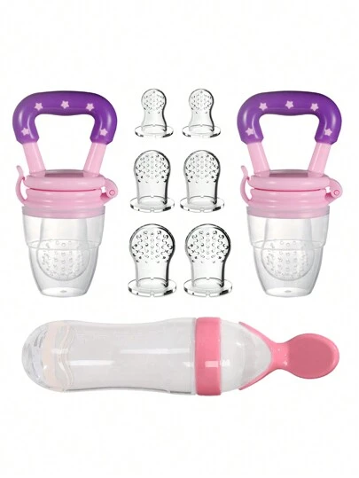 5pcs/9pcs Optional Silicone Mesh Feeding Pouch, Baby Fruit & Vegetable Teether, Feeding Accessories Including Fruit Puree Spoon, Rice Cereal Squeeze Spoon, Baby Bottle Feeding Spoon, Infant Rice Cereal Bottle, Silicone Feeding Tools