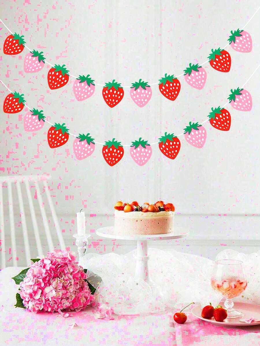 1套草莓生日旗幟和花朵裝飾，草莓派對英文字母旗幟生日派對裝飾用品 - 彩色 - 查看 1