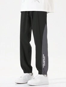 夏季速乾運動褲，適用於初、高中學生，彈性繩帶設計時尚的慢跑運動褲，適用於男孩遠足、旅行和跑步 - 黑色 - 查看 2