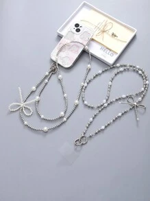 珍珠串珠蝴蝶结手机挂绳，带透明卡夹，适合送给母亲、家人、朋友、生日、节日的礼物，手机挂饰，手机链 - 彩色 - 查看 2