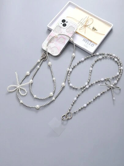 珍珠串珠蝴蝶结手机挂绳，带透明卡夹，适合送给母亲、家人、朋友、生日、节日的礼物，手机挂饰，手机链