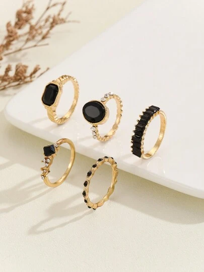 5 件套金色简约黑宝石戒指女士套装