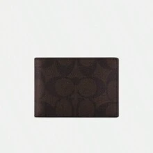 Coach ID Bifold Wallet Soft Leather Slim Minimalist Wallet In Signature Canvas,Five Credit Card Slots,Brown CM166 QBAE4 - Chocolate Brown - View 1