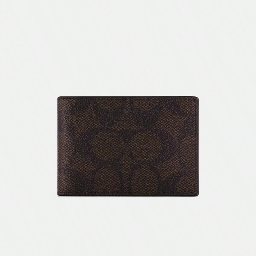 Coach ID Bifold Wallet Soft Leather Slim Minimalist Wallet In Signature Canvas,Five Credit Card Slots,Brown CM166 QBAE4 - Chocolate Brown - View 1