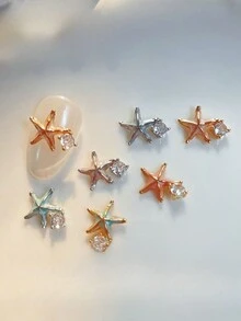 2 piezas Decoraciones de uñas con temática de océano mixto, diseño de patrón y color al azar, con diamantes de imitación, estrella de mar y diseño de concha marina, utilizados para la decoración de uñas y suministros de arte de uñas - Multicolor - Ver 3