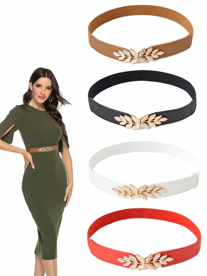 1PC New Leaf Elastic Belt PU Leather Belt With Leaf Buckle Fashionable Joker Women's Elastic Slim Waist Dress Belt Suitable For Daily Matching Summer, School Fall, Autumn, Halloween
