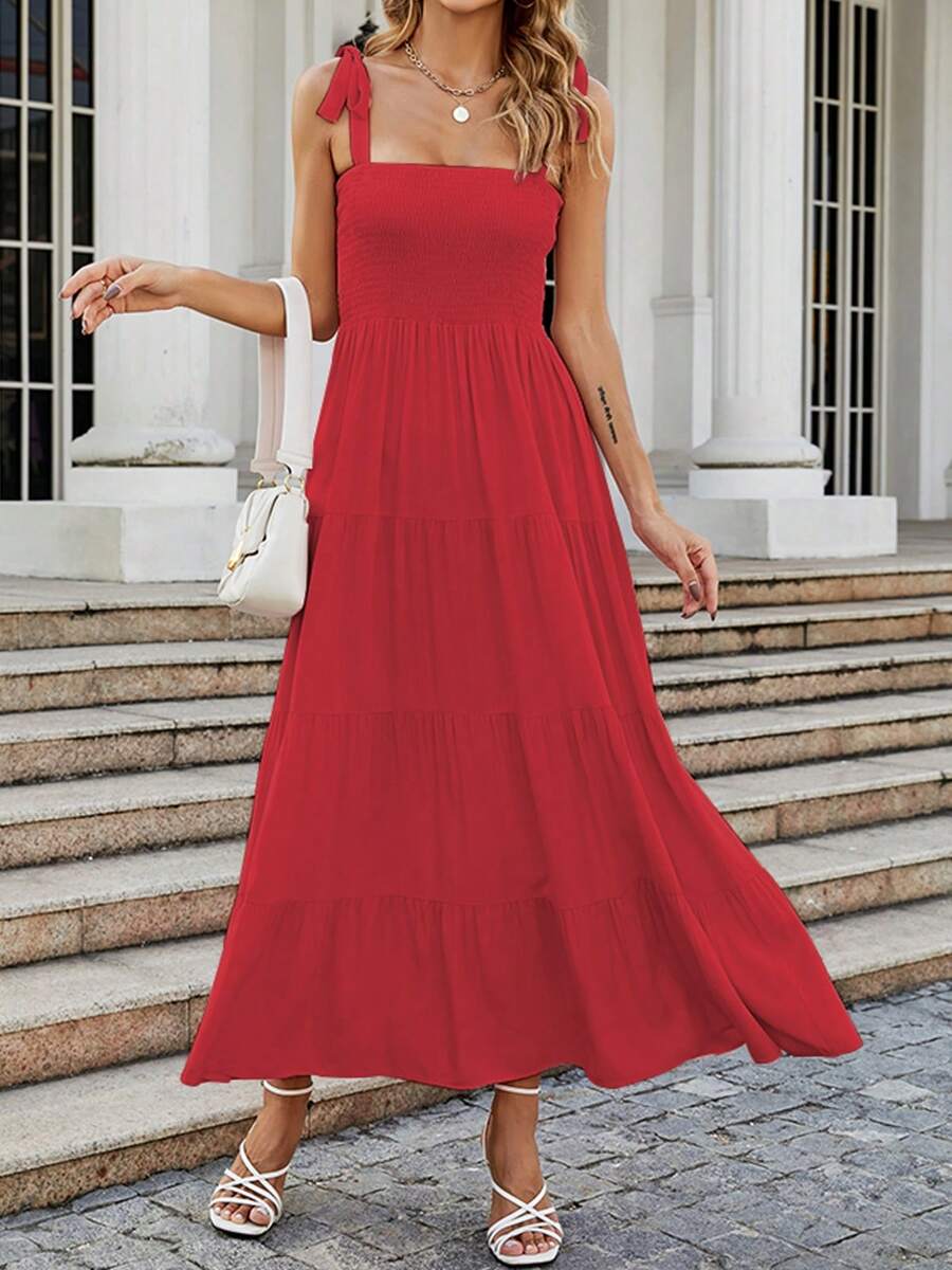Women's Casual Sleeveless Sundress Summer Boho Spaghetti Strap Square Neck Solid Color Ruffle A Line Beach Sun Dress Smocked Tiered Long Maxi Dress - 紅色 - 查看 1