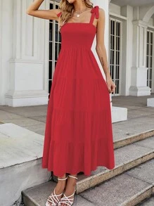 Women's Casual Sleeveless Sundress Summer Boho Spaghetti Strap Square Neck Solid Color Ruffle A Line Beach Sun Dress Smocked Tiered Long Maxi Dress - 紅色 - 查看 4