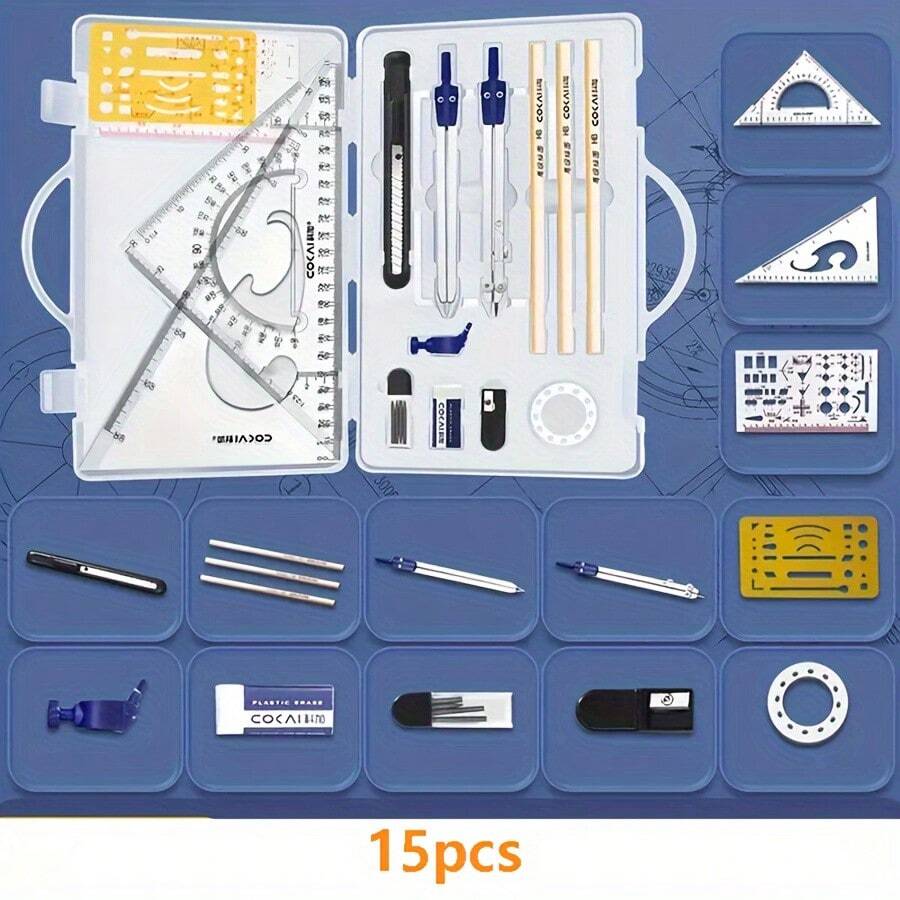 Conjunto de 15 herramientas de dibujo con compás geométrico y bolígrafo, lápiz, piezas de separador intercambiables, kit de geometría e ingeniería, para herramientas de dibujo y construcción - Conjuntos - Ver 1