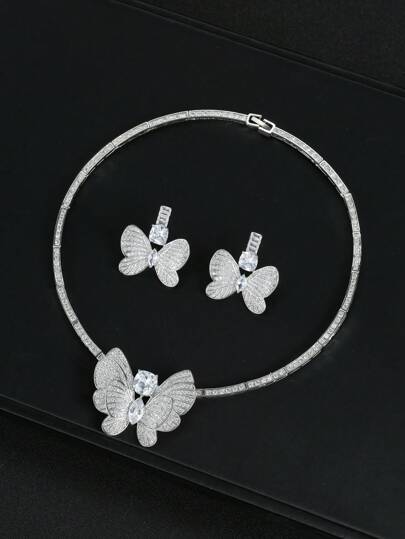 1set/3pcs European, American Style Zirconia Necklace And Earrings Set, High-End Jewelry With Butterfly Decoration For Women's Festivals, Weddings And Banquets