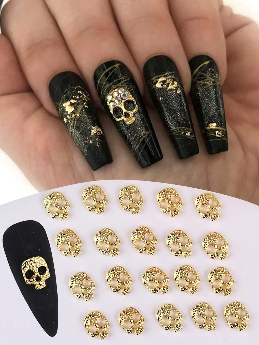 20 piezas Decoraciones de uñas de aleación de oro con calavera para Halloween, accesorios de joyería de uñas para salón, se pueden usar para decoraciones hechas a mano, un hermoso regalo para niñas decoración uñas - Dorado - Ver 1
