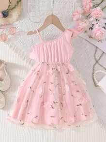 Vestido de Verão de Menina Jovem com Babados de Cor Sólida, Bordado em Tela de Malha