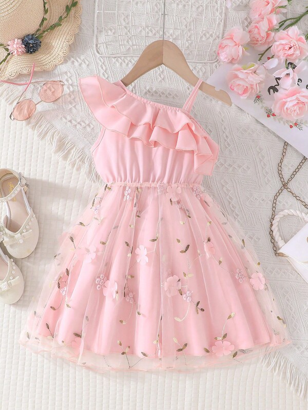 Vestido de Verão de Menina Jovem com Babados de Cor Sólida, Bordado em Tela de Malha