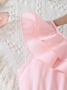 Vestido de Verão de Menina Jovem com Babados de Cor Sólida, Bordado em Tela de Malha